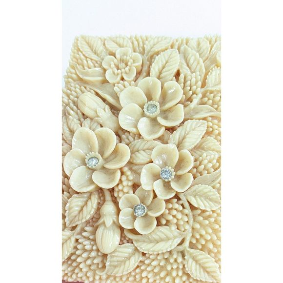 Floral Rectangle Early molded Plastic  Vintage Belt Buckle Rhinestone flowers - Picture 11 of 11